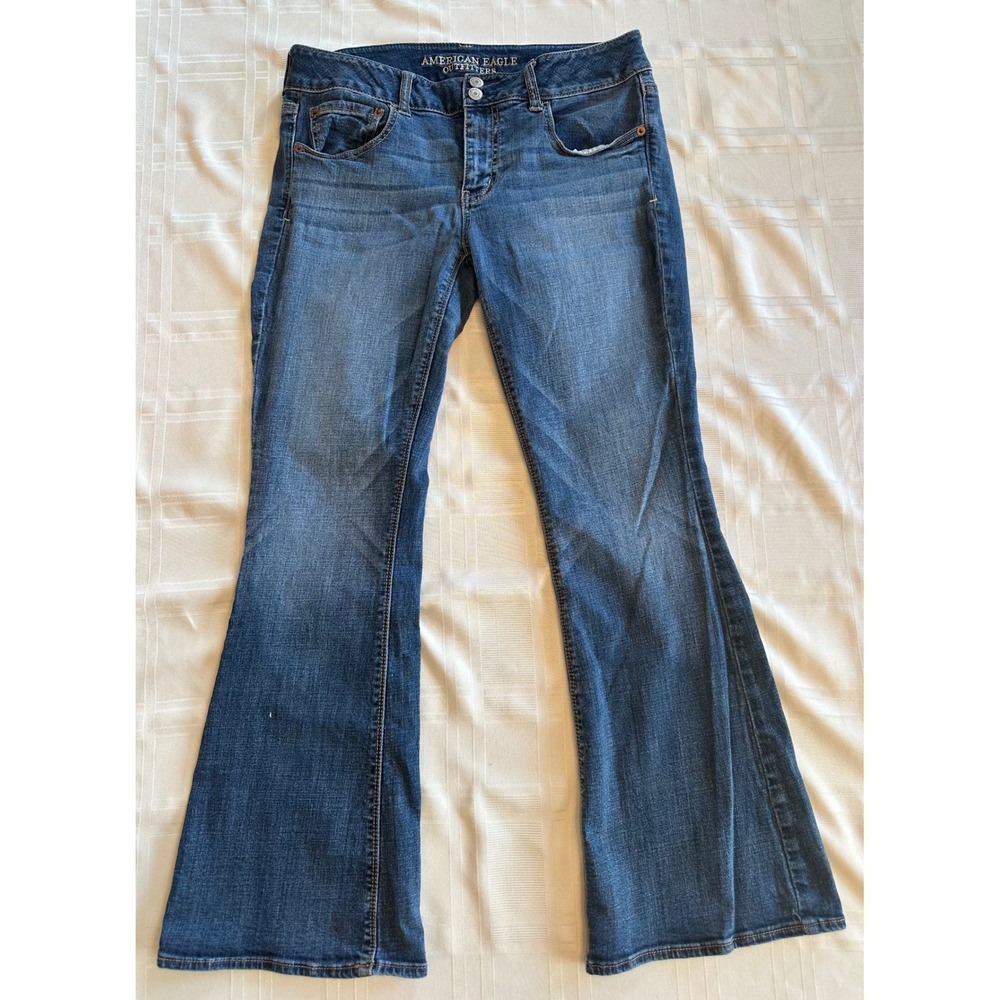 American Eagle Jeans Women 12 Blue Artist Super Stretch Flare Low Rise Denim